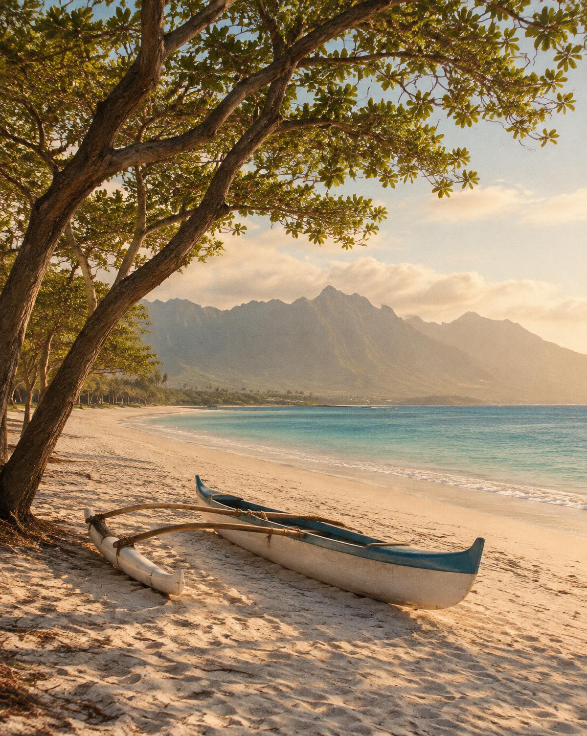 Outrigger canoe resting on Kailua Beach in the morning light